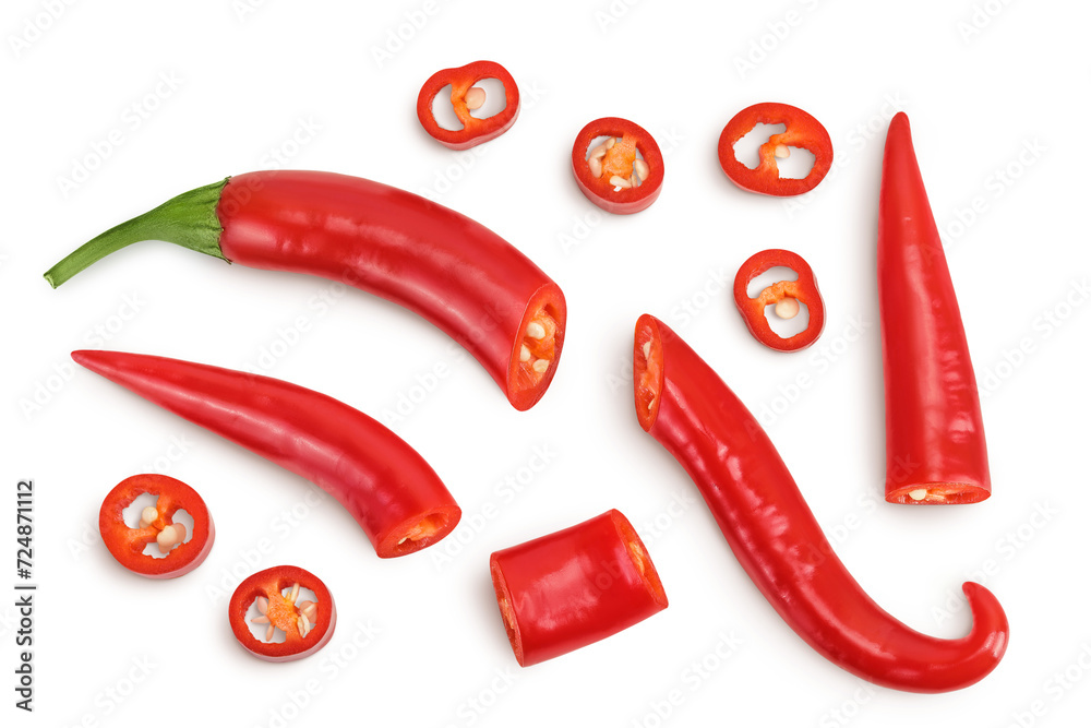 red hot chili pepper with slices isolated on white background. Top view. Flat lay. red hot chili pepper with slices isolated on white background. Top view. Flat lay.