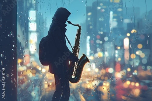 Saxophonist busking behind city window. Urban silhouette with atmospheric jazz vibes photo