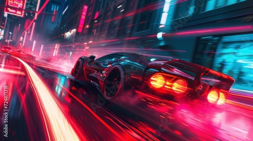 racing car in a 3d video game with neon lights and speed