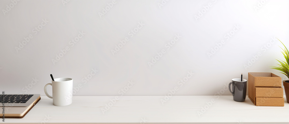 custom made wallpaper toronto digitalA white desk table with ample right-side copy space and neatly arranged supplies, providing an organized and efficient workspace environment.