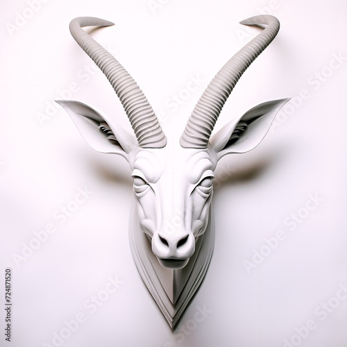 Abstract wall hanging sculpture of an antelope head, high horns and beautiful © Stacy