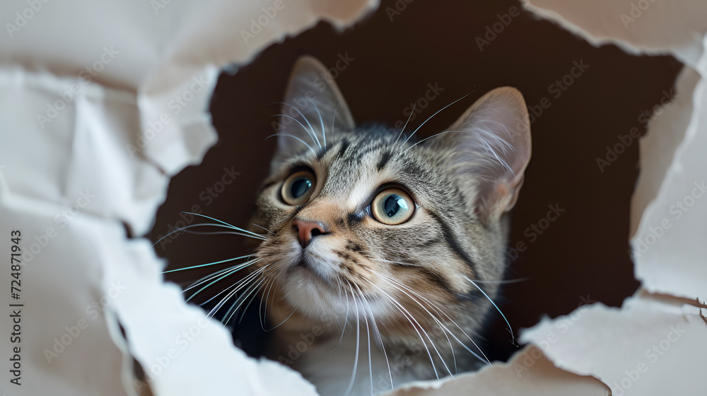 cat looking up in paper side torn hole, generative ai