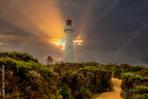 The Split Point Lighthouse, near Aireys Inlet, overlooks the magnificent Bass Strait coastline along the Great Ocean Road in southern Victoria, Australia.