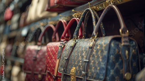 Close up of Luxury handbags in a fashion shop. generative ai photo