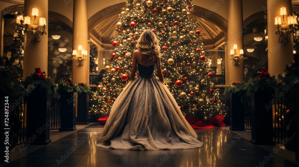 A lady in a beautiful christmas ball gown photographed from behind as she looks at a majestic Christmas tree, perfect for holiday graphic needs.