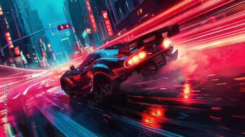 Racing car in a 3D video game with neon lights and speed. concept real 3d video games latest generation, high-end, consoles