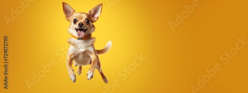 A chihuahua jumping into the air got at the apex of their jump, with great expression of exuberance and joy as well as anticipation.  yellow background