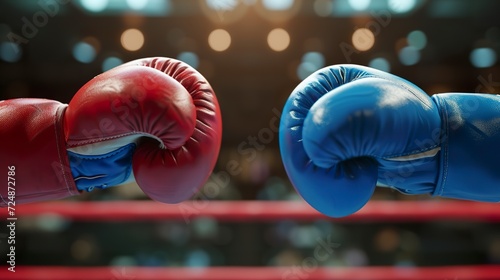 Red and blue gloves, opposite each other in the boxing arena, create a vibrant image of rivalry and determination. Chromatic duality in a dynamic clash in the ring.