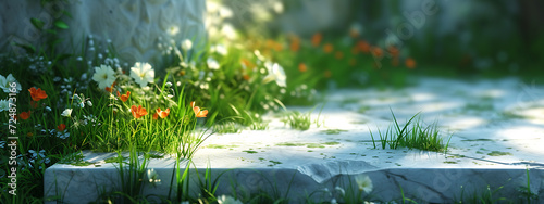 a marble platform green grass and wild flowers in the