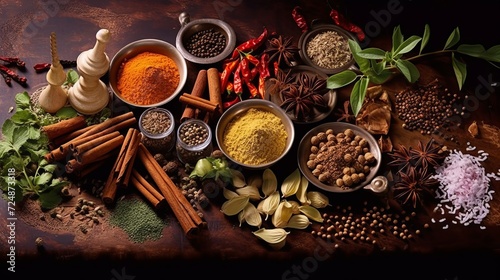 variety of spices and herbs splayed out over a tabel , generated by AI. High quality photo photo