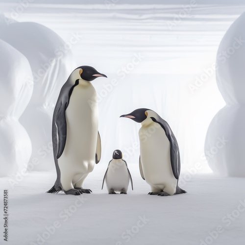 A family of penguins photographed in an icey studio  emperor penguin. 