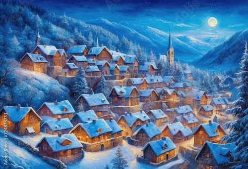 A stylish multicolored painting of a snowy village at Christmas on a textured wallpaper with a cool blue color.
