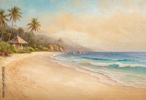 A stylish multicolored painting of a tranquil beach scene on a textured wallpaper with a sandy beige color.