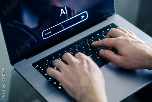 AI chat prompt. Artificial intelligence and digital technology. Man using chatbot with laptop at work. Creative content. Generate text or image. Command input on website. Bot assistant conversation.