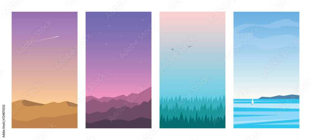 Set of vertical vector landscapes with views of nature. Banners for mobile websites and advertisement. Sky gradients, flat design