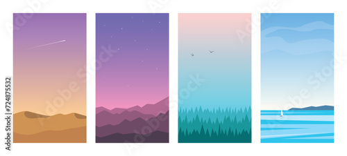 Set of vertical vector landscapes with views of nature. Banners for mobile websites and advertisement. Sky gradients, flat design
