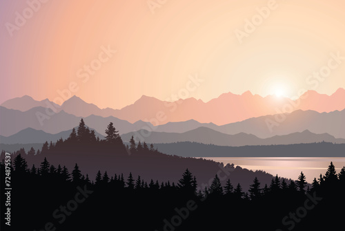 Vector landscape illustration, outdoor mountain and forest view at sunrise, beautiful nature background, national park trees silhouettes, morning sun in natural environment