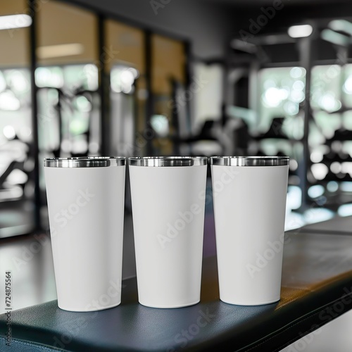 Fitness Essentials, Short Tumbler Product Mockup on Gym Bench photo