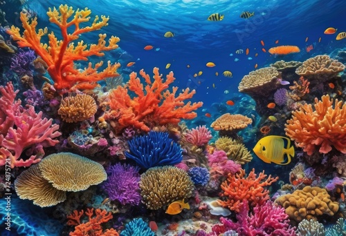A stylish multicolored painting of a vibrant coral reef on a textured wallpaper with a deep sea blue color