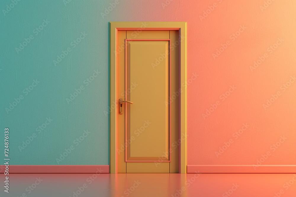 Door and house in vintage style in 3D illustration style on a colorful background