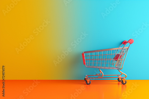 Shopping cart with the concept of shopping in 3D illustration style on a colorful background