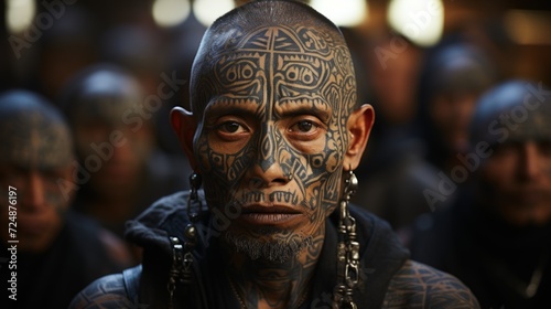 the leader of a Latin American gang with tattoos on his face and body stands at the head of his gang behind them, concept: criminal tattoos, Latin and Mexican gangs photo