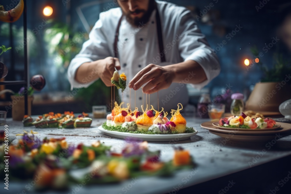 Food stylist crafting visually stunning culinary delights, cinematic style with blurred background