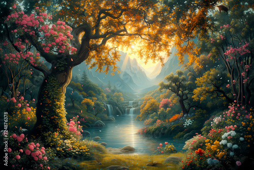 A tranquil depiction of the third day of Creation, showcasing a rich tapestry of emerging land, sea, and diverse plant life in a nascent paradise. photo