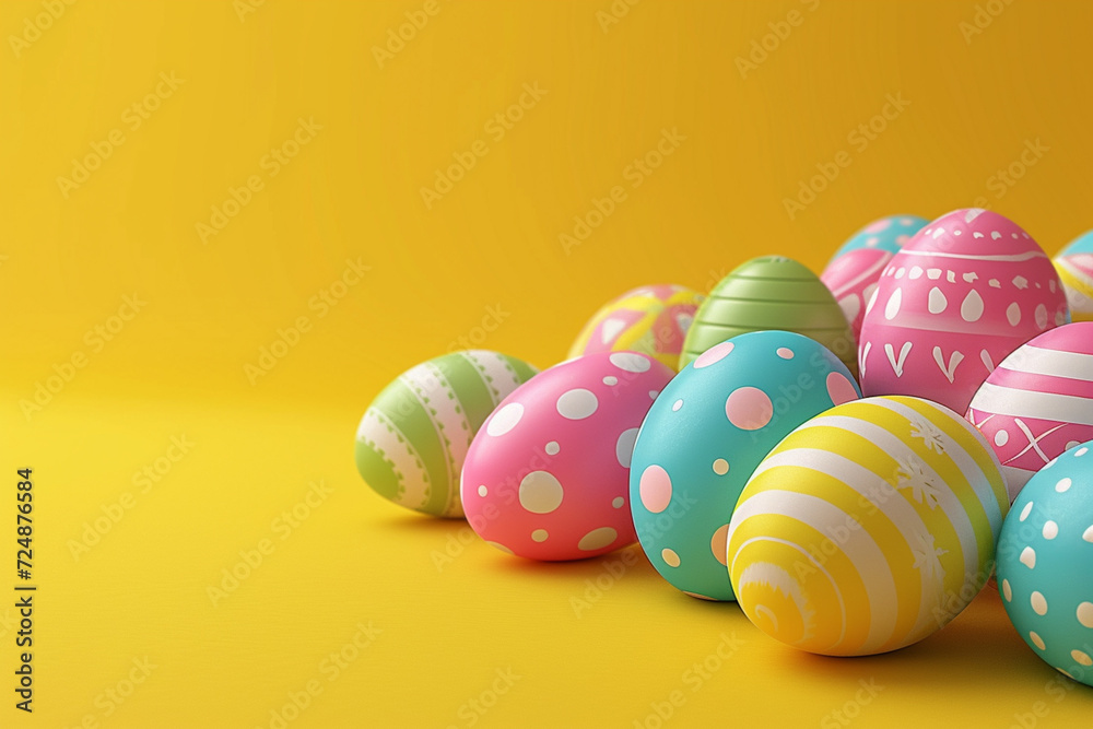 Easter eggs in the concept of Easter in 3D illustration style on a colorful background