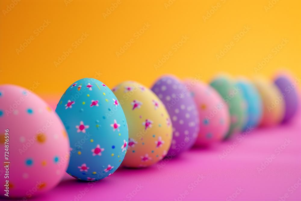 Easter eggs in the concept of Easter in 3D illustration style on a colorful background