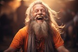 A laughter yoga instructor exudes joy and positivity amidst a serene outdoor setting, captured in cinematic style with a blurred background,