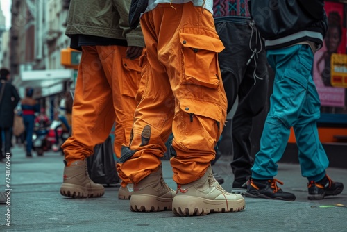 A street-style scene with individuals sporting Y2K fashion trends - cargo pants, platform shoes, and logo-heavy apparel