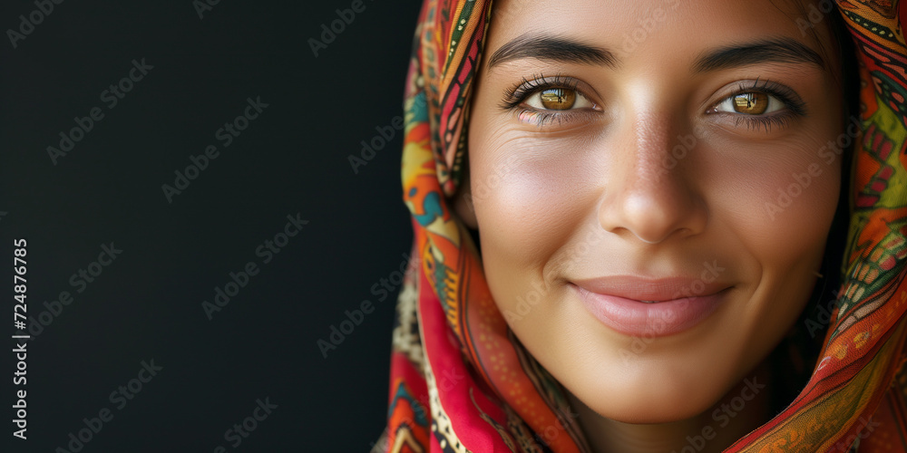 Radiant Middle Eastern woman with a colorful headscarf against a dark background