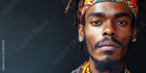 Stoic young man with dreadlocks and a traditional headband against a somber backdrop