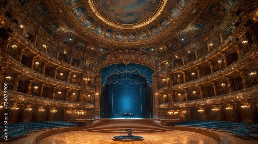 Illustration of an empty opera house with the lights, low angle. Illustration d'un opéra vide avec les lumières allumées en grand angle.