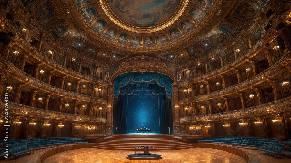 Obraz premium Illustration of an empty opera house with the lights, low angle. Illustration d'un opéra vide avec les lumières allumées en grand angle.