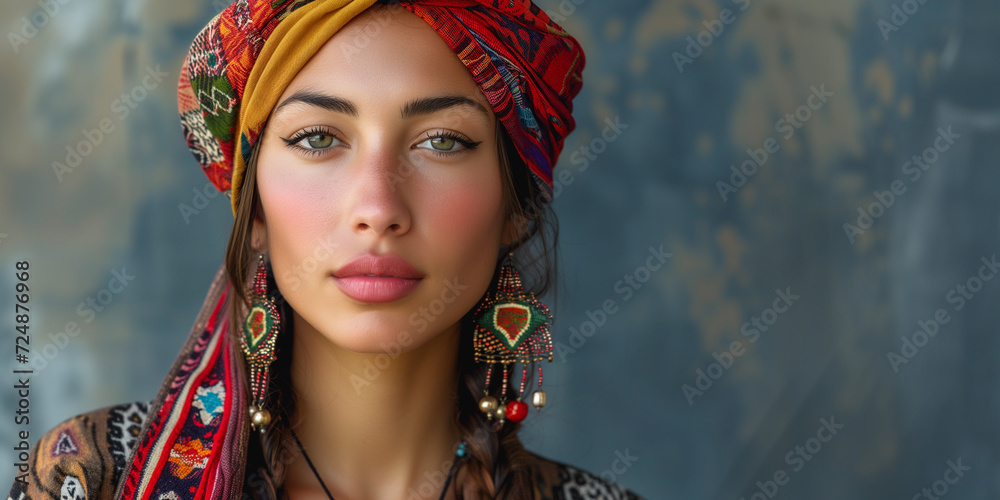 Striking young woman in a vibrant tribal headwrap, with intricate earrings, blue backdrop