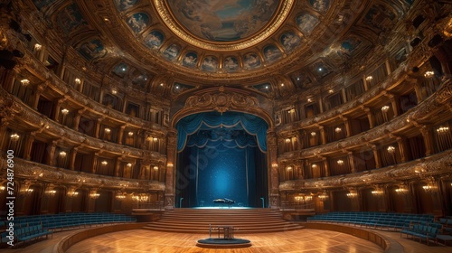 Illustration of an empty opera house with the lights  low angle. Illustration d un op  ra vide avec les lumi  res allum  es en grand angle.