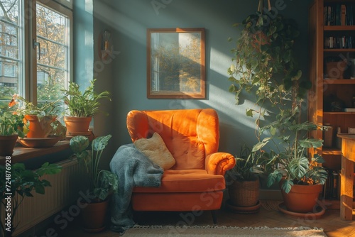 Warm interior with an orange sofa surrounded by plants and sunlight. Int  rieur chaleureux avec un canap   orange entour   de plantes et la lumi  re du soleil.