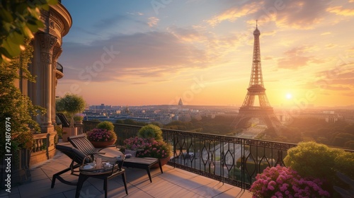 beautiful landscape of the eiffel tower on a beautiful sunset from a cozy balcony in high resolution