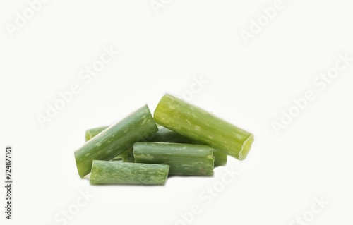 Organic Spring Onion Chopped Pieces Isolated on White Background with Copy Space