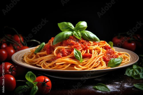 Authentic Italian Flavors: A Captivating Plate of Spaghetti with Tomato Sauce and Sprigs of Fragrant Basil