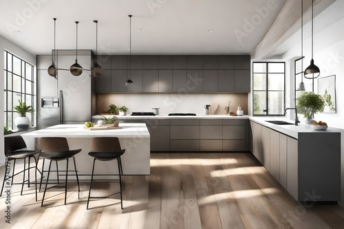 Elegant dining area with a long wooden table  stylish chairs  and ambient lighting   