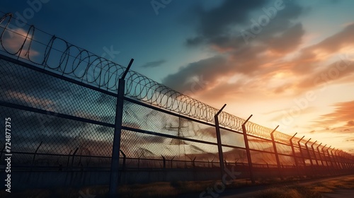 Prison security fence. Barbed wire security fence. Razor wire jail fence. Barrier border. Boundary security wall. Prison for arrest criminals or terrorists. Private area. Military zone concept.
 photo