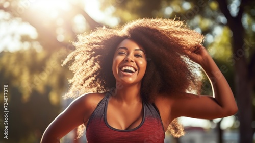 Close up of happy african american woman running in the city park in morning. Young beautiful lady in sports jogging outdoor, enjoying workout. Active lifestyle concept.