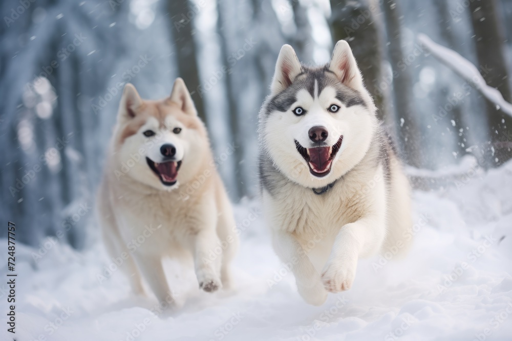 Two husky dogs running in the snow Two husky dogs running in the snow