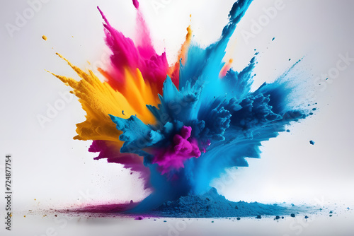 Colorful Powder Explosion. Pink  Blue  and Yellow Dust Splatter. Freeze Motion of Powder Paint.