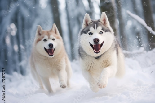 Two husky dogs running in the snow © gatherina