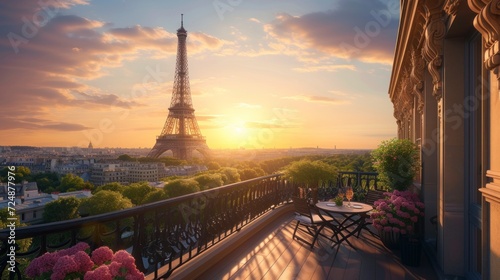 beautiful landscape of the eiffel tower on a beautiful sunset from a cozy balcony © Marco