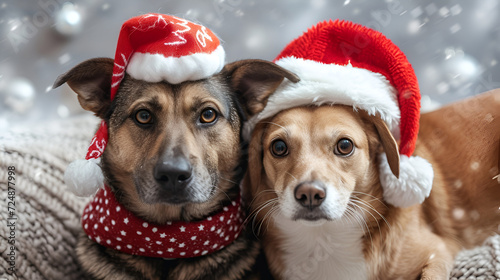 Cat and Dog with Santa Claus hats,  cat and dog in Christmas hat, Cute cat and dog puppy with Christmas gift boxes on wooden floor, Generative AI  © Saleem
